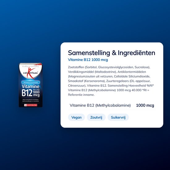 Lucovitaal Vitamine B12 1000 mcg: 180 kauwtabletten, vegan, zoutvrij, suikervrij. Helpt vermoeidheid verminderen.