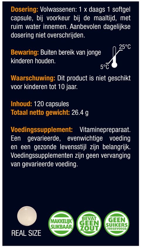 Een witte capsule met de tekst 'REAL SIZE'. Groene cirkels met 'MAKKELIJK SLIKBAAR', 'BEVAT GEEN ZOUT' en 'GEEN SUIKERS TOEGEVOEGD'.