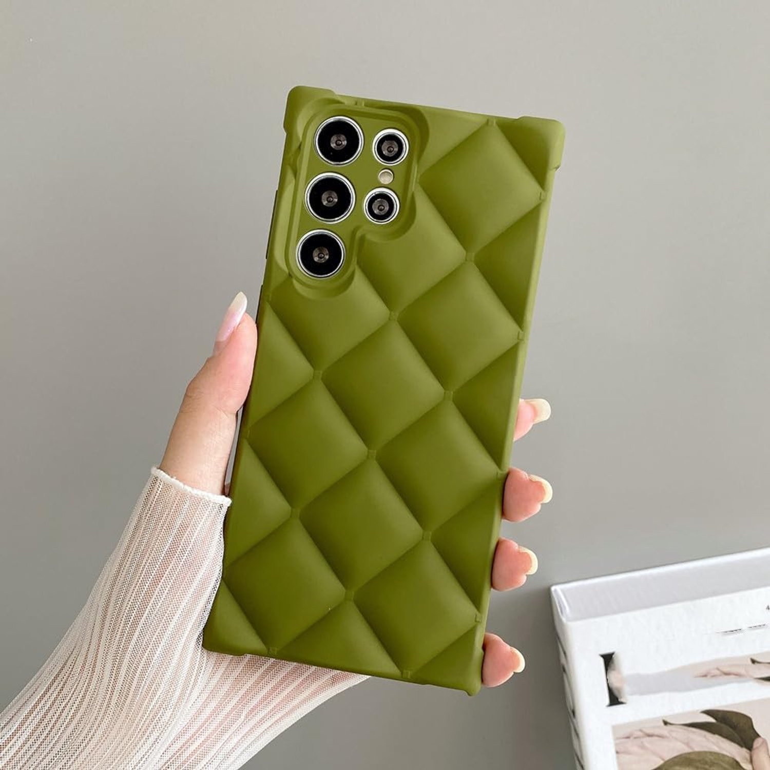 Luxe Diamond Lattice Matte Zachte Siliconen Telefoonhoesje Voor Samsung S22 Ultra S21 Plus Effen Kleur Luchtkussen Schokbestendige Hoes, Olijfgroen, Voor S21