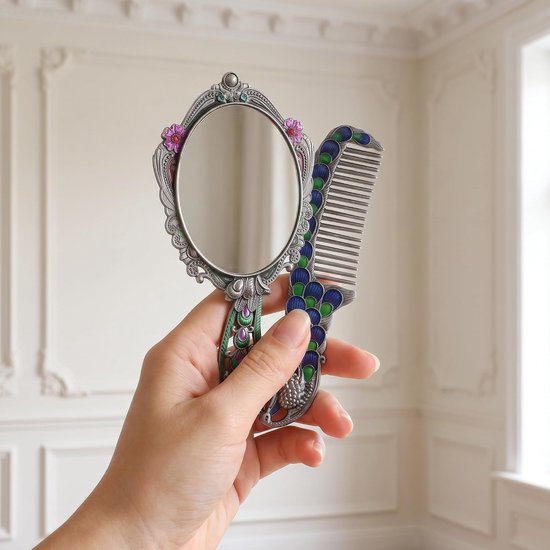 Vintage Zinc Alloy Handspiegel Metalen Kam Retro Spiegelkam voor Draagbare Make-up Haarverzorging Elegant Peacock Patroon Cadeau voor Vrouwen — afbeelding 5