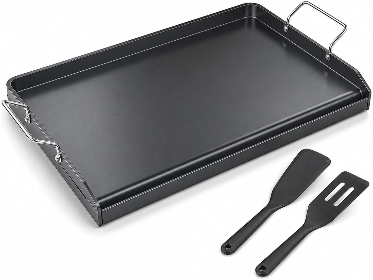 Zwarte grillplaat van koolstofstaal met platte bovenkant en handgrepen voor gasbarbecue, teppanyaki, binnen en buitengebruik