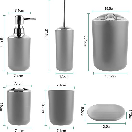 Lyrlody Wit/Zwart/Grijs Badkamerset WC-Set Zeepdispenser Zeepbakje Tandenborstelhouder Tandenborstelbeker Toiletborstel Vuilnisbak voor badkamer, huis of hotel, 6 stuks (grijs) — afbeelding 4