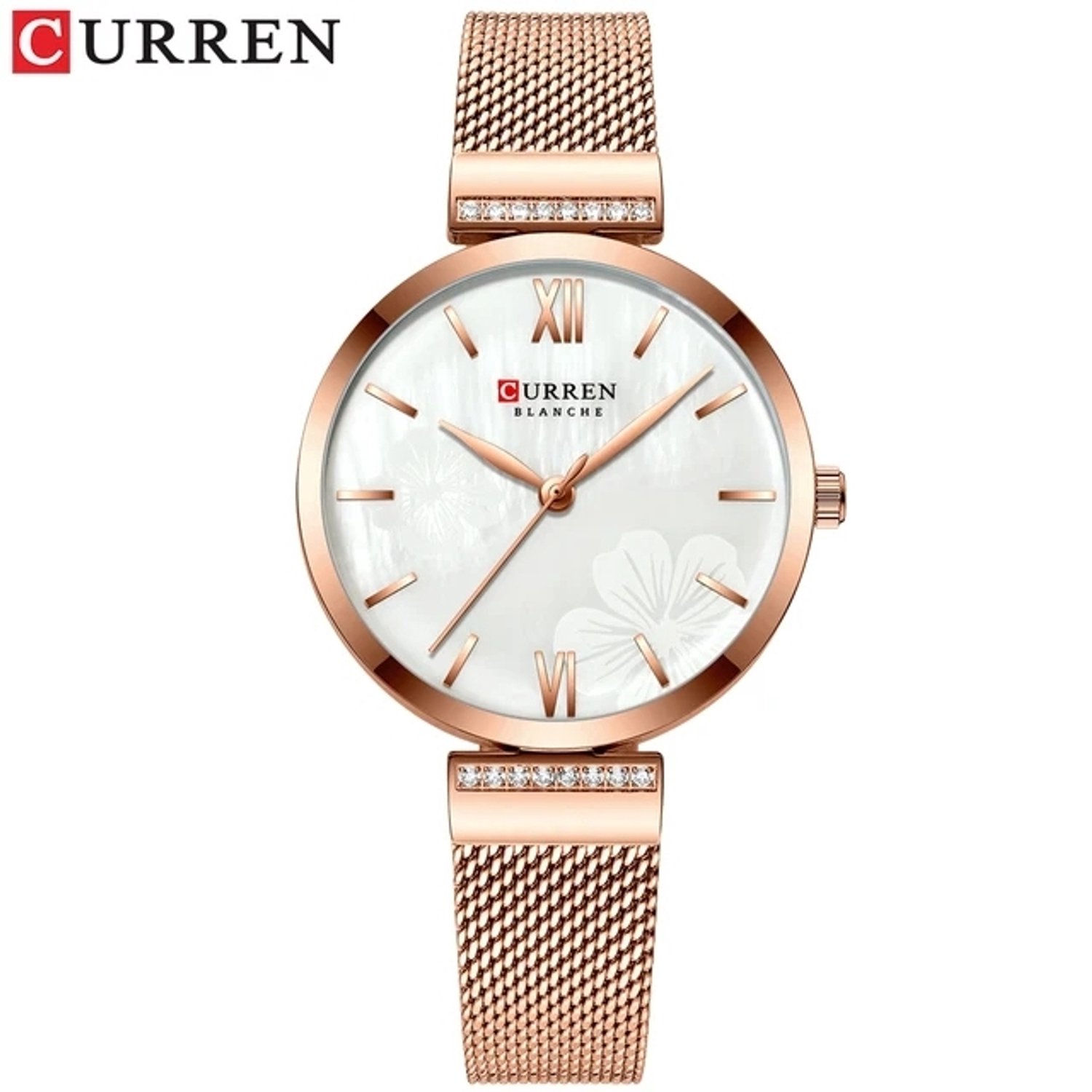 Stijlvolle dames Polshorloges Curren met roze band met steentjes en witte achtergrond met bloemen
