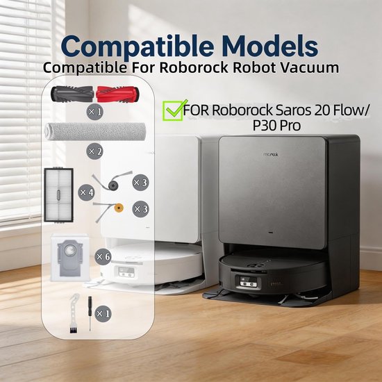 Vervangende onderdelen voor Roborock Saros 20 Flow/P30 Pro robotstofzuigeraccessoireset inclusief 1 hoofdborstel, 2 roldweil, 6 zijborstels, 4 filters, 6 stofzakken, 2 — afbeelding 2
