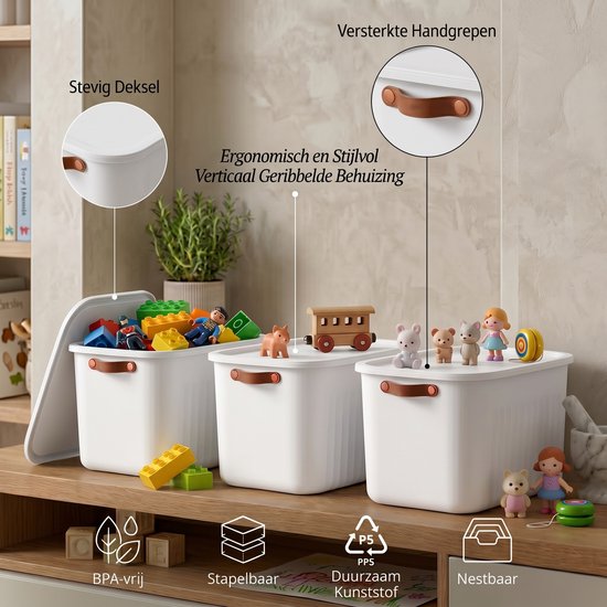 INDECOR Stapelbare Speelgoedbox met Handgrepen – 20 L Opbergbox Set van 3 met Deksel – Opbergdoos voor Bouwblokjes en Bouw - lego opbergbox grootstenen – Wit — afbeelding 2