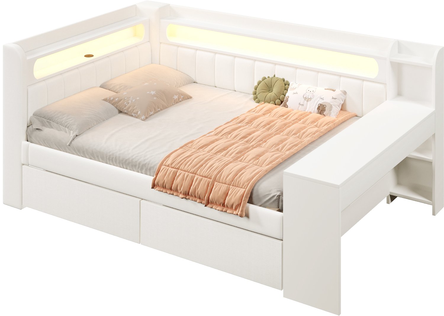 MUVANO Gestoffeerd bed 140x200 cm - Wit bed met bureau - LED-verlichting en USB-aansluiting - 2 opberglades - voor de slaapkamer