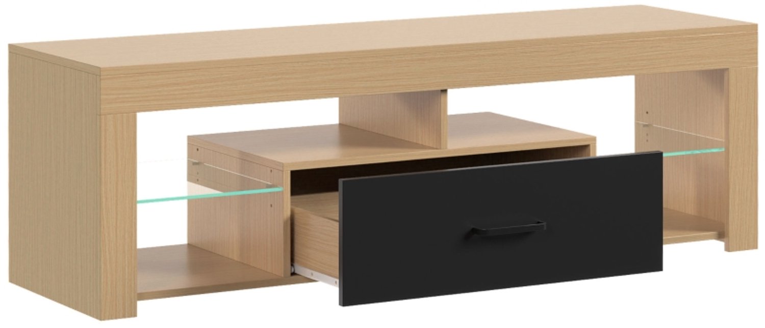 Clruro TV-Meubel - 140×40 cm - Verstelbare Glasplanken - Lade - Spaanplaat/Glas - Eikenlook/Zwart