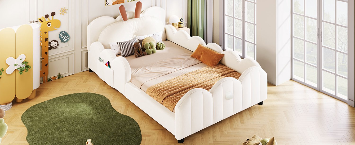 MUVANO Gestoffeerd platformbed 90x200 - bed met konijnenkussen - beige kinderbed - MDF en multiplex - 12 latten - voor de kinderkamer