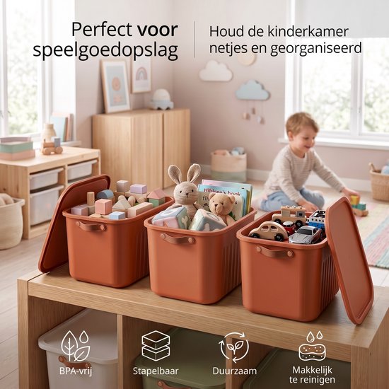 INDECOR Stapelbare Speelgoedbox met Handgrepen – 20 L Opbergbox Set van 3 met Deksel – Opbergdoos voor Bouwblokjes en Bouw - lego opbergbox grootstenen – Terracotta — afbeelding 2