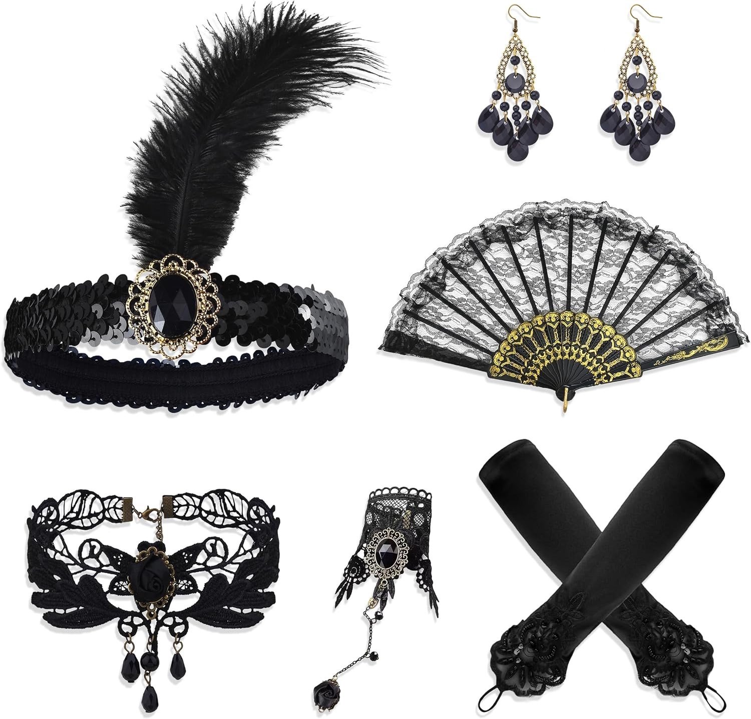 Vintage 20s Accessoires Set voor Dames met Veer Tiara, Armband, Handschoenen, Oorbellen en Ketting voor Feestelijke Kostuums