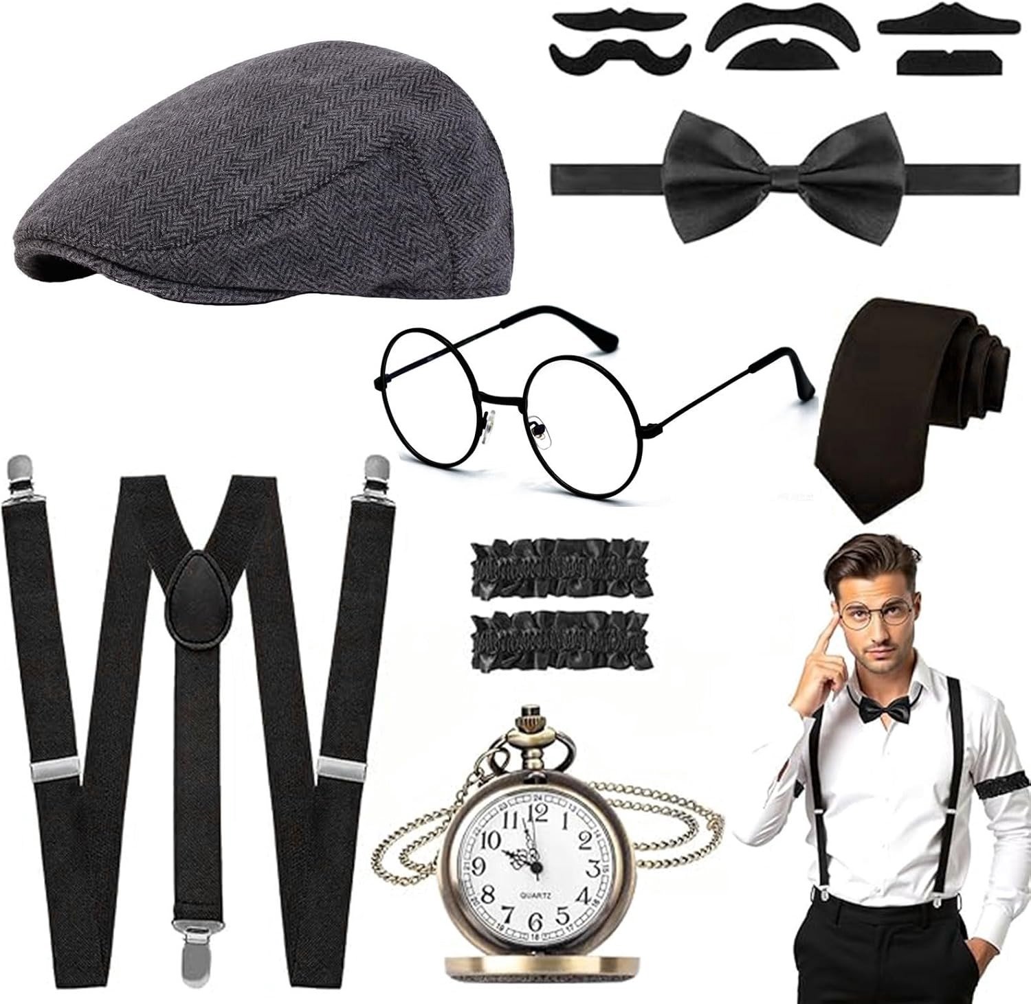 Retro accessoires voor mannen - 14-delige set voor 1920s themafeesten en kostuums