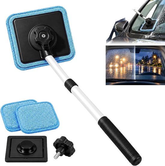 Nettoyant pour vitres télescopique avec coussinets en microfibre bleus et accessoires de fixation.
