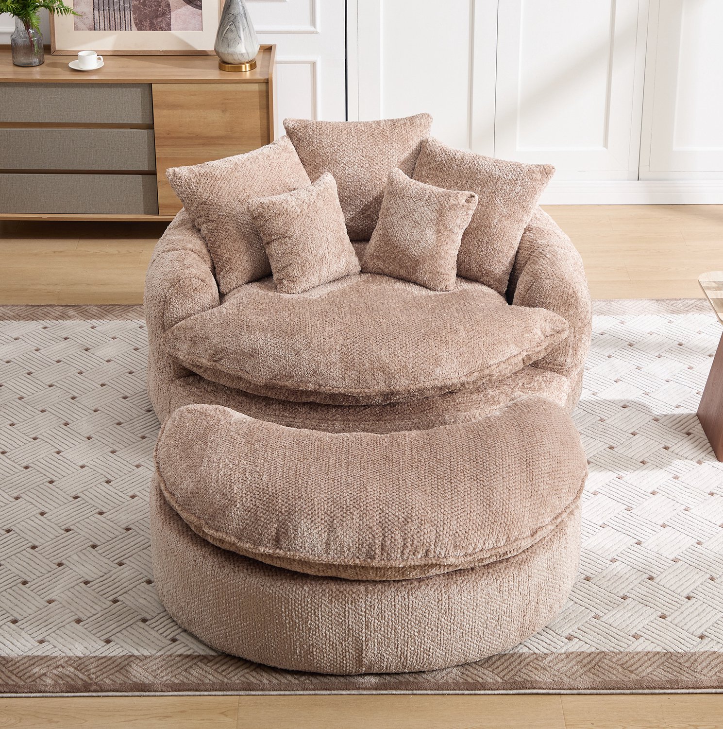 DESMIU Fauteuil 190,5 Cm - Brede Loungestoel Met Hocker En Kussens - Voor Woonkamer, Balkon En Filmkamer - Polyester Koffiebruin