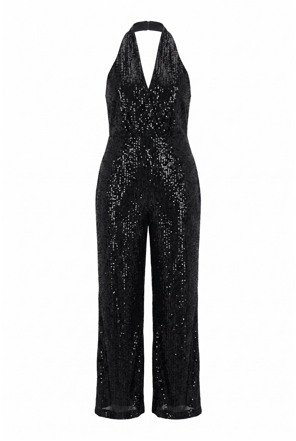 Ulla Popken - Dames - Jumpsuit pailletten halternek V-hals mouwloos - Zwart - Maat 44