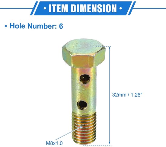 Double Banjo Bolt Kit, M8x1.0 Lengte 32mm MetrischeDraad Turbo Remleiding Fitting Adapter Universeel voor Auto Duurzaam Metaal Bronzen Kleur Met Pakkingen Spacer — afbeelding 4