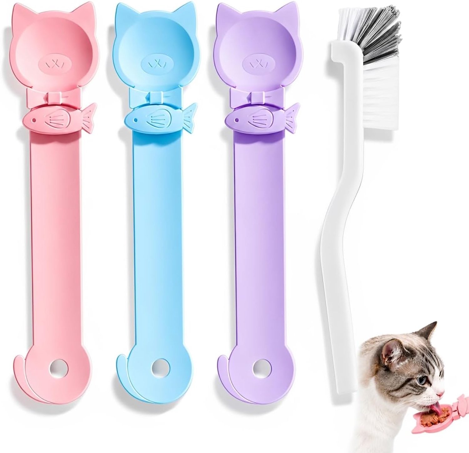 3 kattenlepels van siliconen met persfunctie, inclusief 1 reinigingsborstel, gemakkelijk te reinigen en herbruikbaar, geschikt voor nat voer en snacks