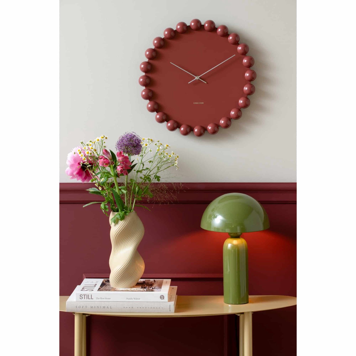Karlsson Wandklok Cadiz Dotty - Bordeauxrood - 40x40x4.5cm - Wandklok Scandinavisch