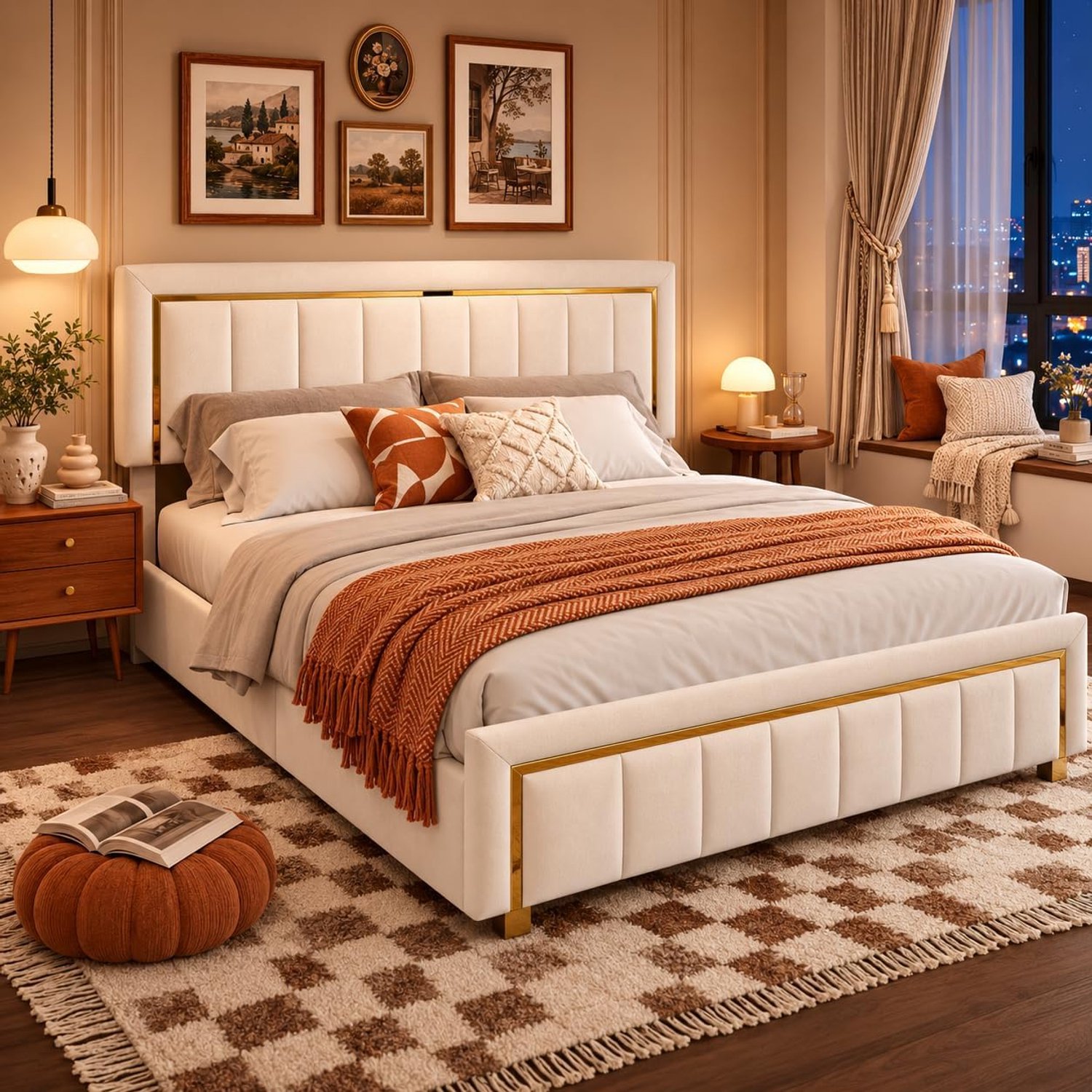 ROSAHQNDA Gestoffeerd bed 180 x 200 cm met opbergruimte, tweepersoonsbed, tienerbed met hoofdbord, bedframe met lattenbodem, opbergbed, fluweel (zonder matras, beige, 180 x 200 cm)