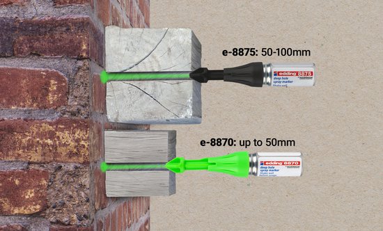 Edding 8875 (50-100mm) en Edding 8870 (tot 50mm) spuitmarkers in gebruik. Beide spuiten groen op houten balken, gemonteerd op een bakstenen muur.