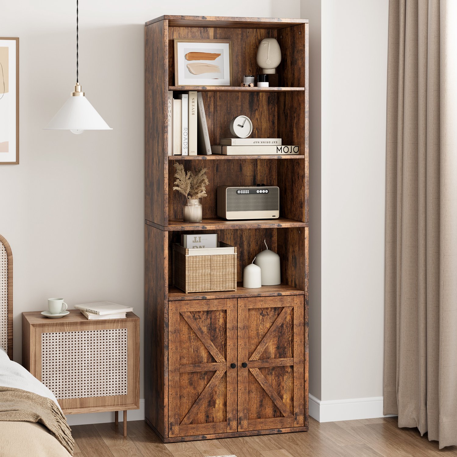 Boekenkast Rustiek Met Deuren & 6 Houten Planken - 180 cm Hoog x 30 cm Diep - voor Slaapkamer Woonkamer of Kantoor - Bruin