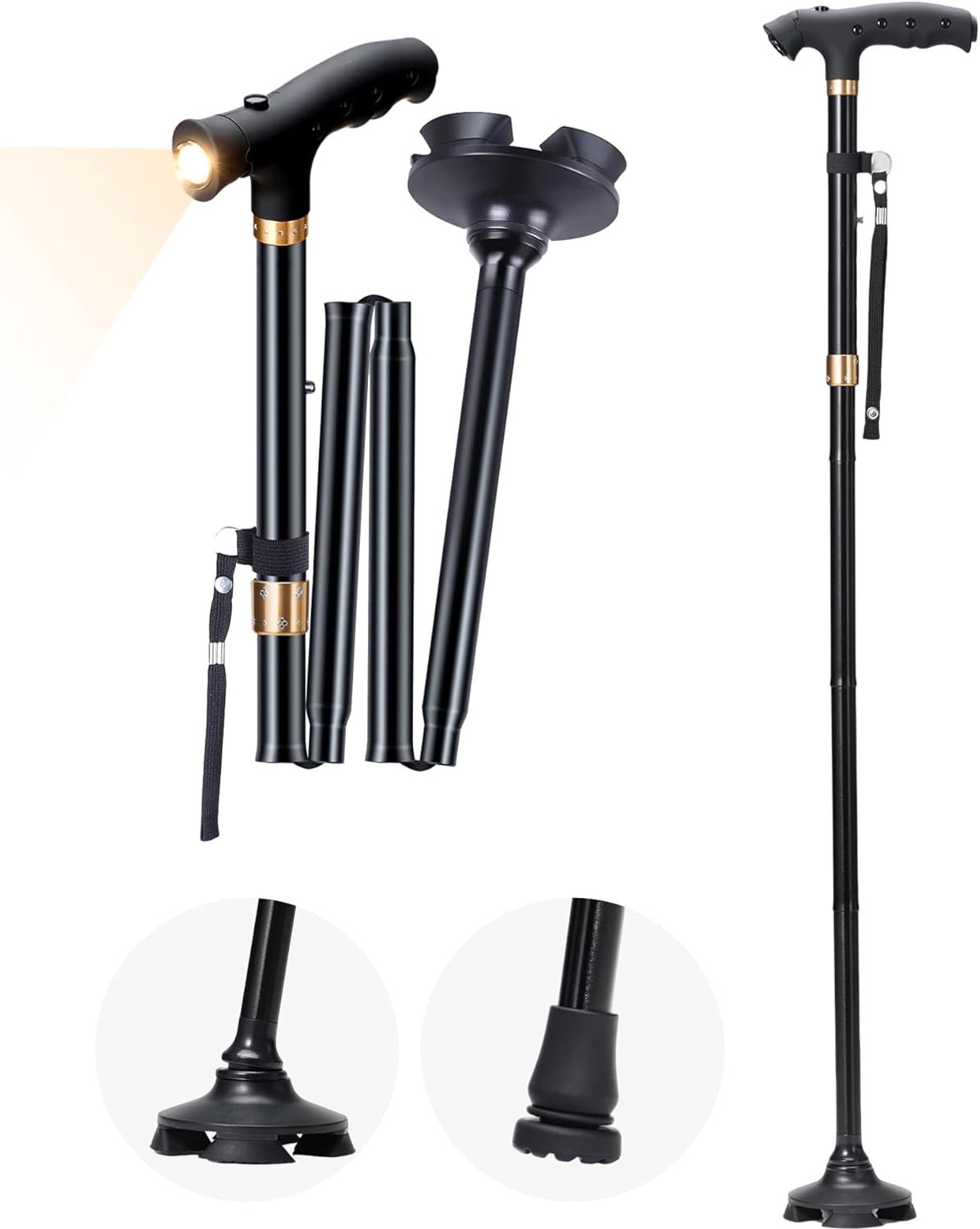Hoge Kwaliteit Wandelstok - opvouwbare wandelstok - met zaklamp - voet met dubbele punt - Trekkingstokken - Wandelstokken - in 5 standen verstelbare hoogte- Verstelbare Wandelstok - Loopstok Ouderen - Ergonomische Handgreep- Anti slip - Stevig