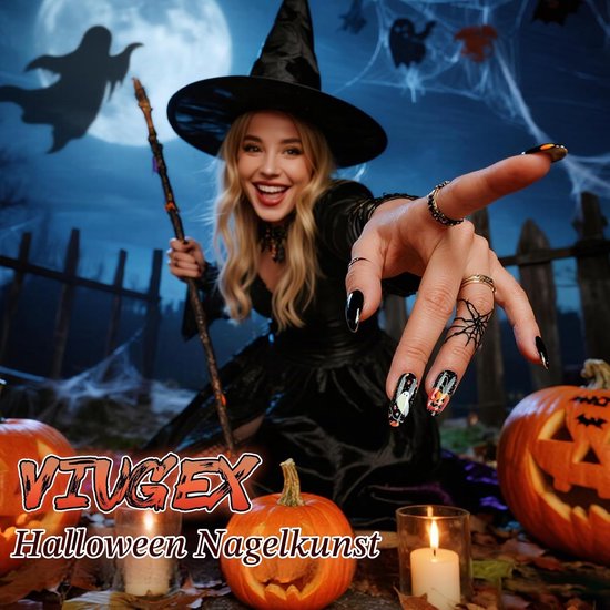 24 Stuks Halloween Opdruknagels, Middelgrote Amandel Paarse Glitter Nep Nagels Franse Tip Valse Nagel met Griezelige Spin Ontwerp, Glanzende Lijm op Nagel Volledige Dekking Acryl Plaknagels — afbeelding 5