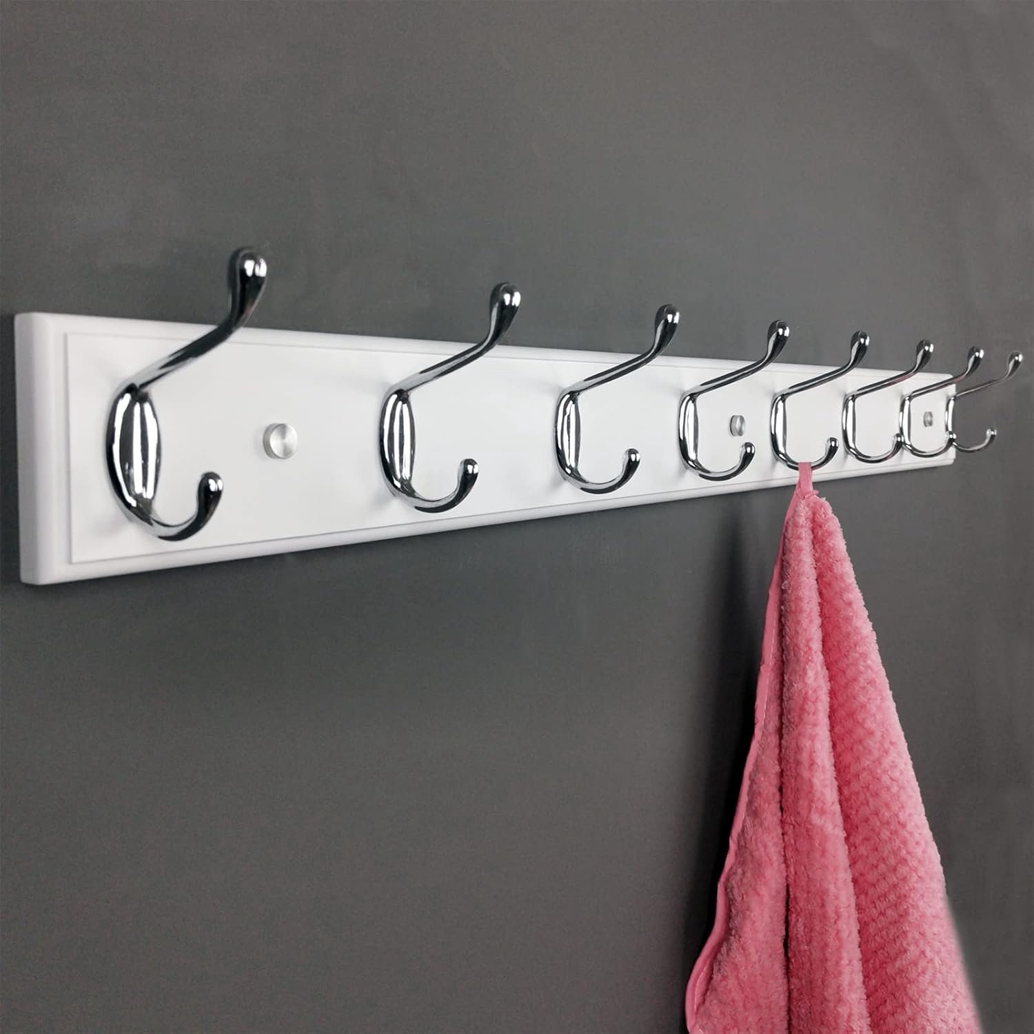 houten muurhanger met 8 zilveren haken, 80 cm, stevige haakbaan voor jassen, hoeden, tassen, grote moderne hangerhanger voor inkomhal slaapkamer, witte hanger