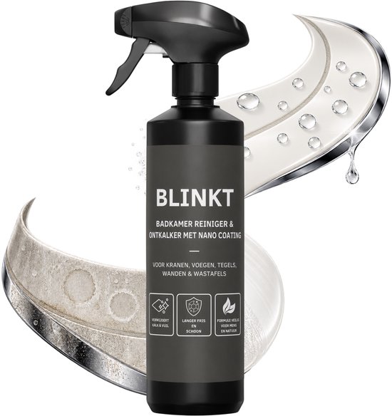BLINKT badkamerreiniger & ontkalker met nano coating in een donkergrijze spuitfles, met glinsterende waterdruppels en reinigingspasta.