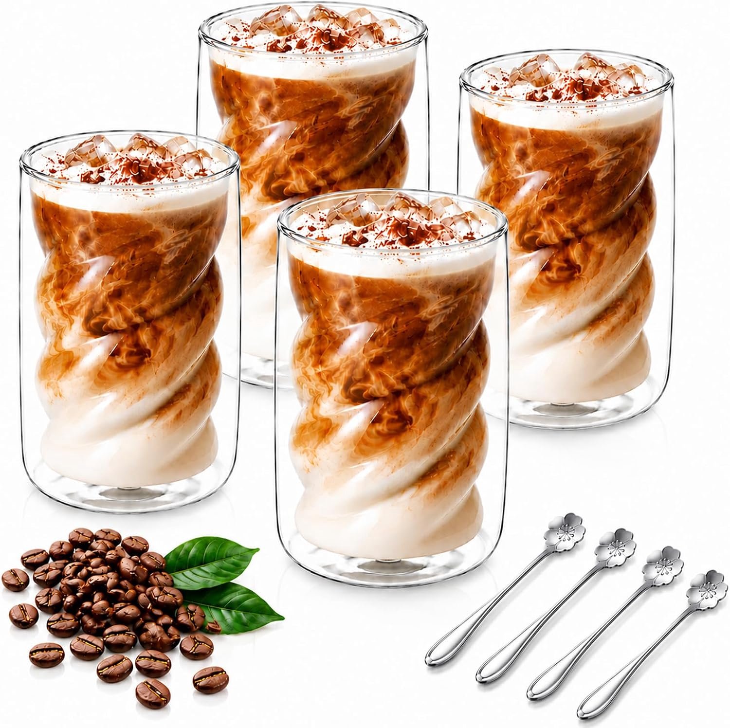 Set van 4 latte macchiato glazen, 350 ml, dubbelwandige thermoglazen met 4 lepels, spiraalvormig borosilicaatglas, hittebestendig en vaatwasmachinebestendig, ideaal voor koffie, cappuccino, ijskoffie