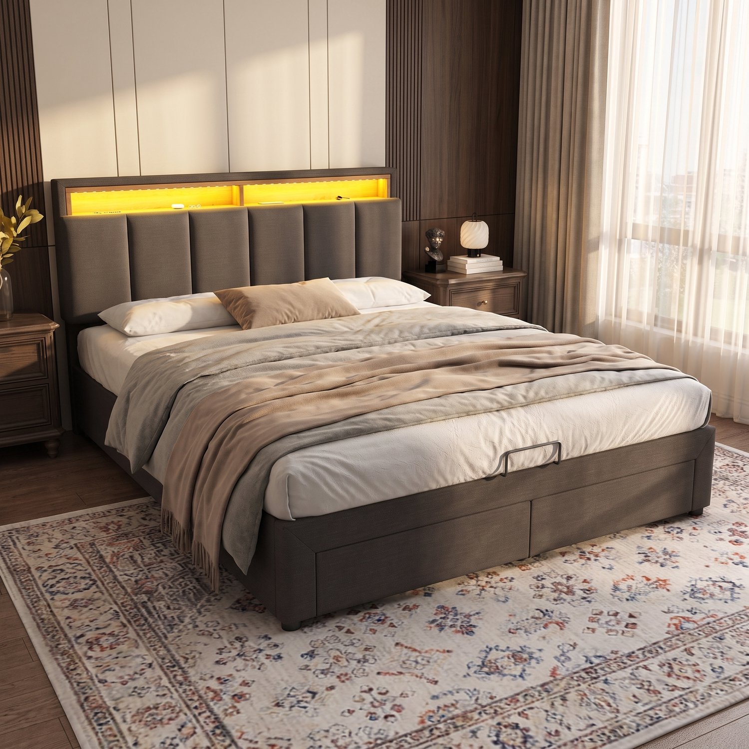 MEXUS Gestoffeerd 140 x 190 cm, Tweepersoonsbed Opbergruimte, Voorzien LED Verlichting, USB-Oplaadpoort, Lattenbodem Twee Lades, Geschikt voor Hoofdslaapkamer Logeerkamer (Grijs)