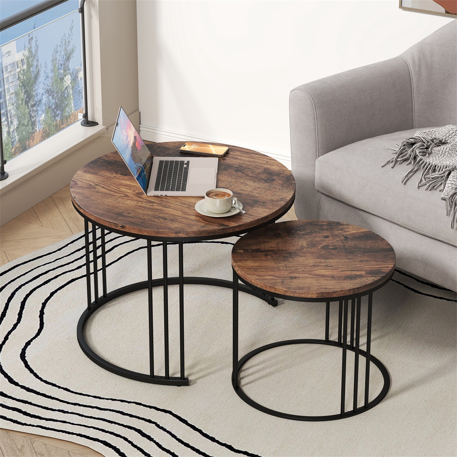 Ronde nestbare salontafel set van 2 stuks - bruine houtlook blad met zwart metalen frame - 60×40 cm - bijzettafels voor woonkamer