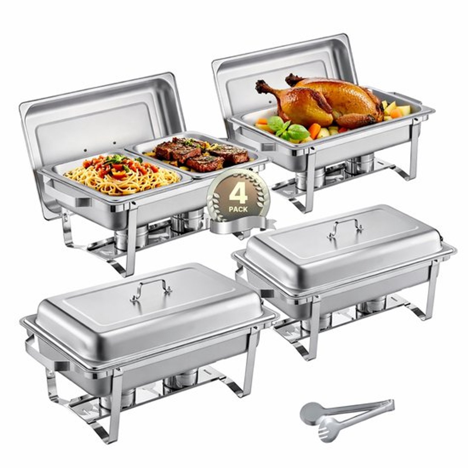 MONIQO - Buffetwarmer - Warmhoudbakken - Set van 4 - 7,5L per schaal - 61,5 x 34,5 x 32,5 - Zilver