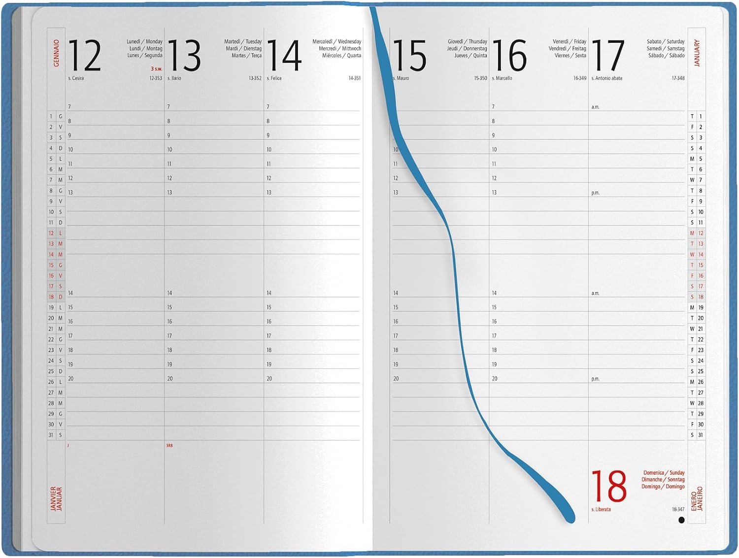 Weekplanner 2024 van januari-december 2024, 1 week op 2 pagina's, maand- en weekkalender, meertalige kalender 2024, rood