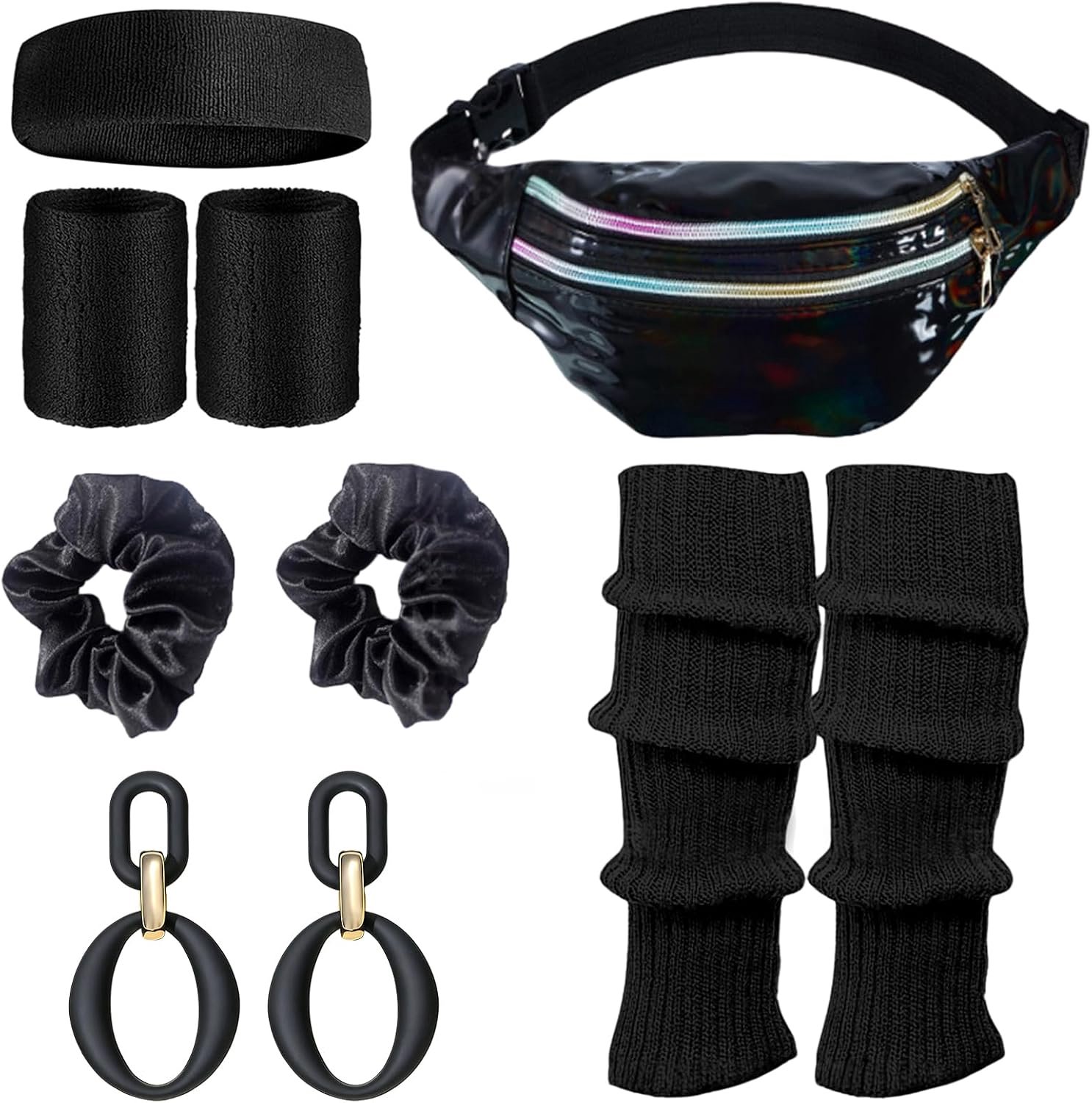 80s outfit dames retro kostuum kleding accessoires jaren 90 kleding accessoires kostuum hoofdband, beenwarmers, oorbellen, riemtas en bril voor carnaval