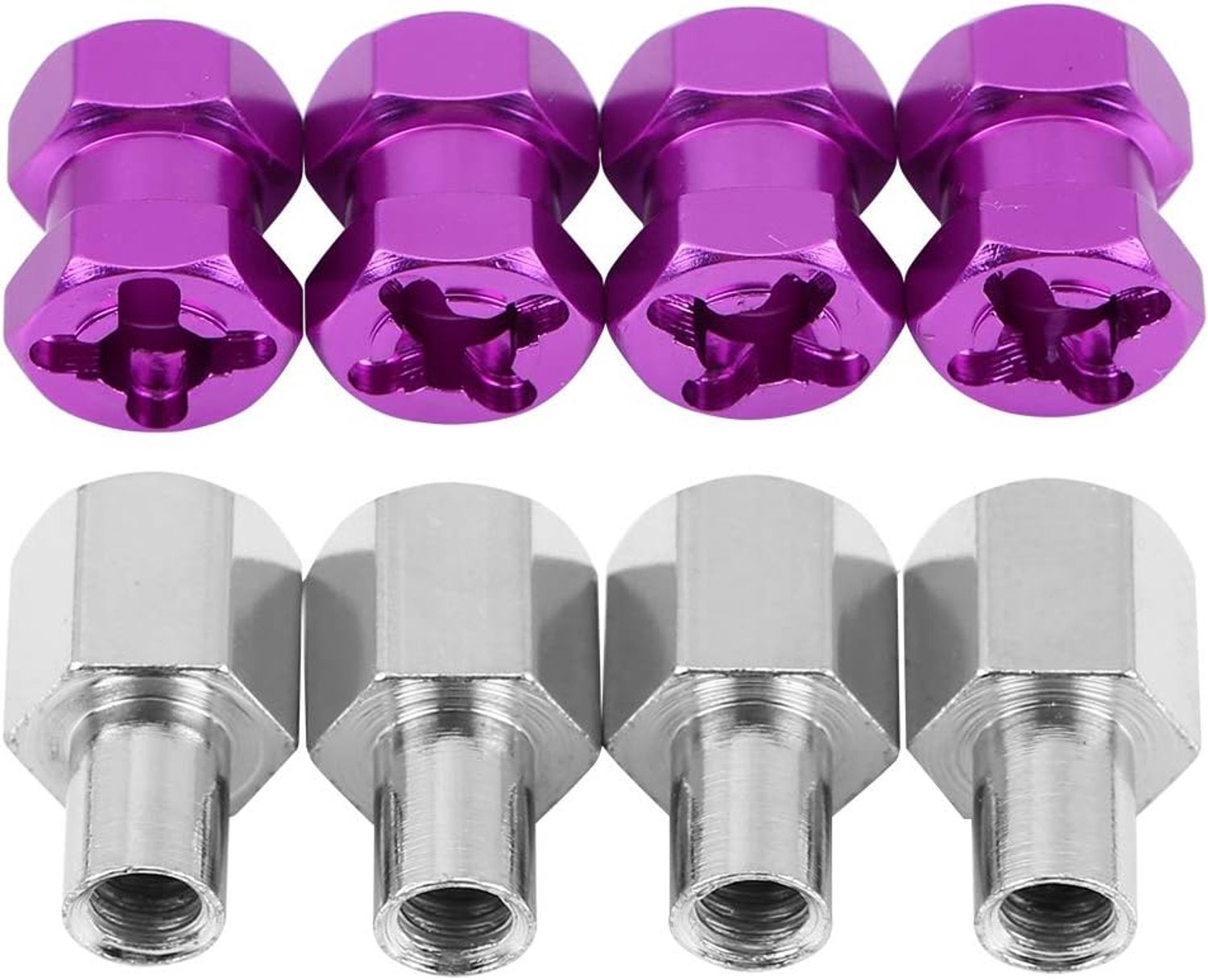 RC Auto Hex Adapter, 12mm Metal Servo Adapter for D90 AX10 CC01 SCX10 RC Cars, 4-Piece Set with 15mm Purple Extension for Remote Control Models and DIY Upgrades