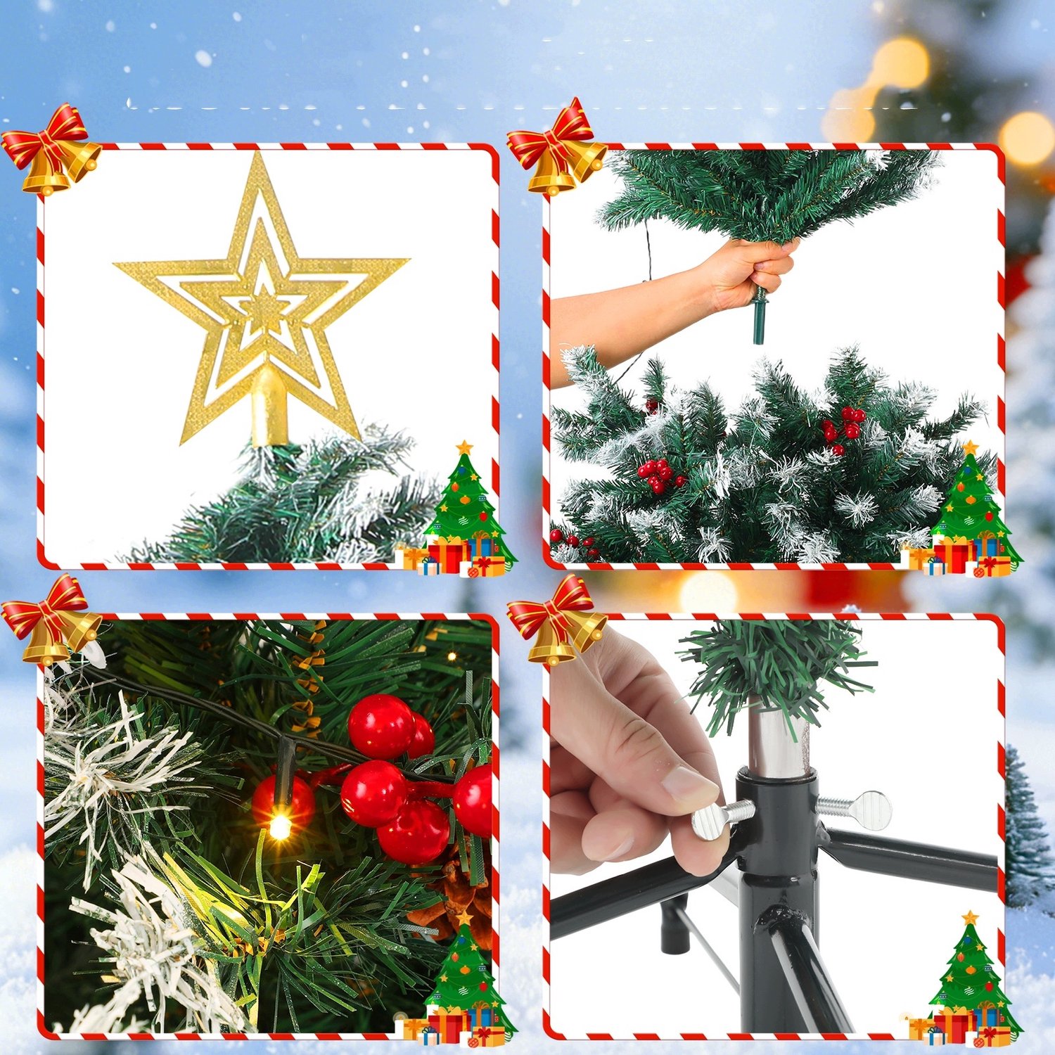 ANNA 210cm Kunstkerstboom met LED – Realistische Sneeuwlook, Met Ster Top & Dennenappels – Metalen Standaard - Groen – foto 6
