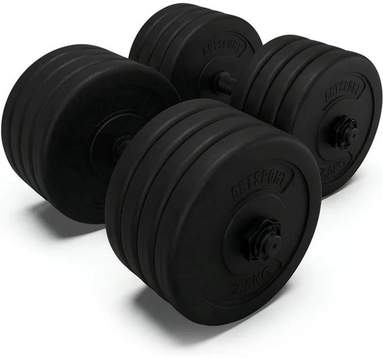 Twee zwarte, verstelbare dumbbells met gewichtsplaten van 2,5 kg. De merknaam 'ARTSPORT' is zichtbaar op de schijven.