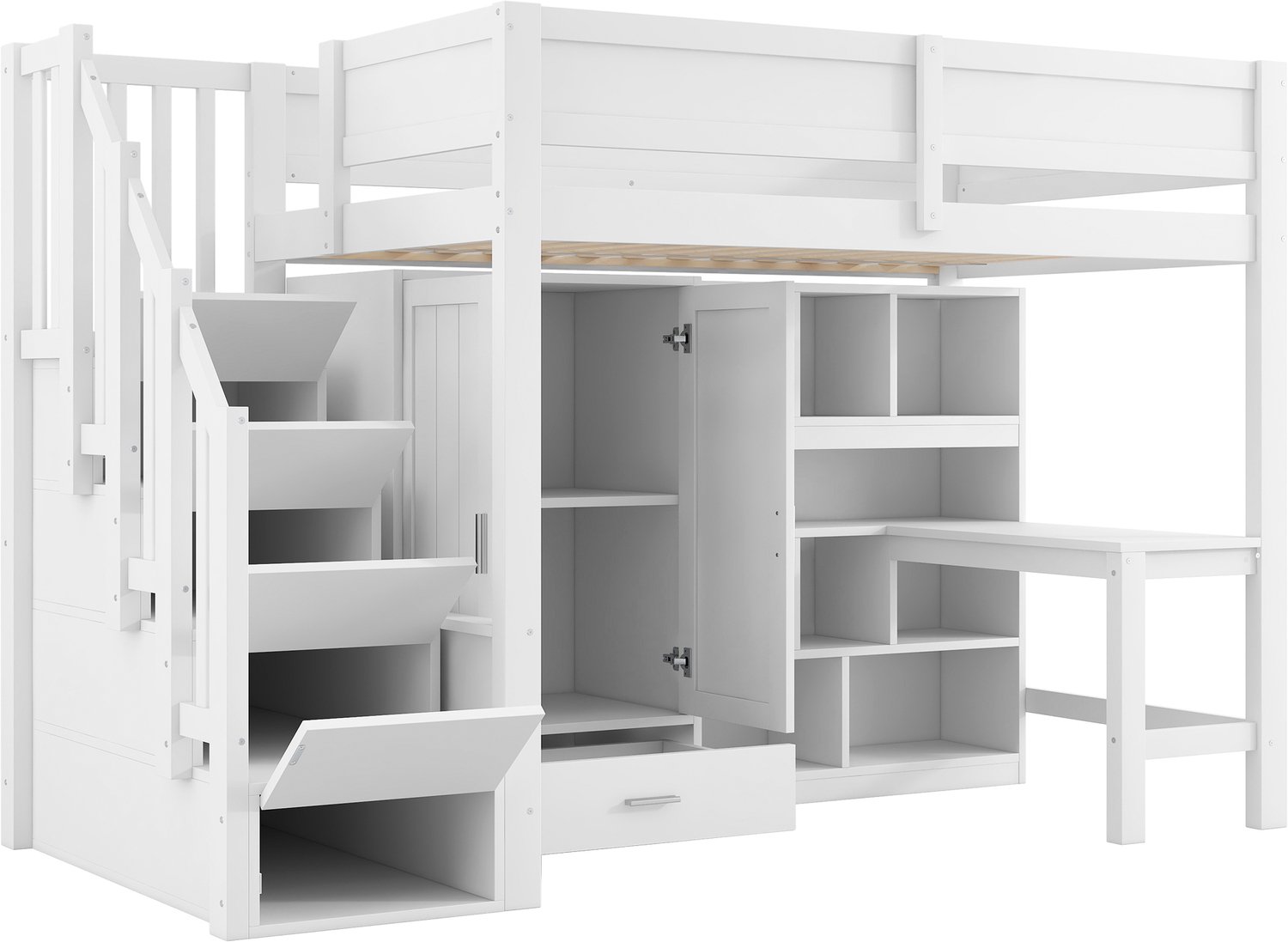MUVANO Hoogslaper 90x200 met bureau - kledingkast - boekenkast - opbergtreden - 253 x 95 x 170 cm - ledverlichting - MDF en grenen - wit
