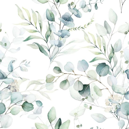 Aquarel behangpatroon met groene eucalyptusbladeren en takjes op een witte achtergrond.