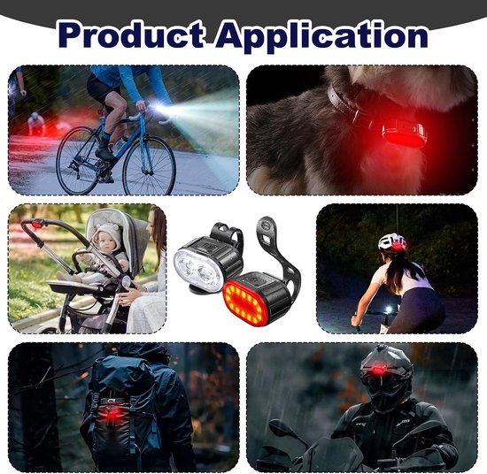 Fietsverlichting - Set voor- en achterlicht - LED-fietsverlichting - USB oplaadbaar - Met spot- en breedstralerstanden - Geschikt voor nachtelijke ritten op de weg en mountainbike - 2 stuks — afbeelding 4