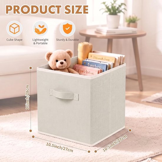 Set van 2 opvouwbare opbergkubussen van stof, 26,7 × 26,7 × 28 cm grote opbergmanden in linnenlook met een robuuste draaggreep, opvouwbare opbergkubus, beige — afbeelding 3