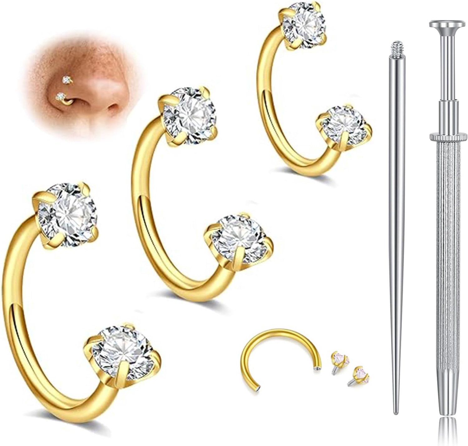 18G Goud Neusstuds (6mm, 7mm, 8mm) - 3-Pack met 2 Greepgereedschappen, Helix Ring Piercing Tang, Fake Septum & Conch Piercing, Fake Piercings, Navelpiercing, Nasenring Piercing Zelf Doen