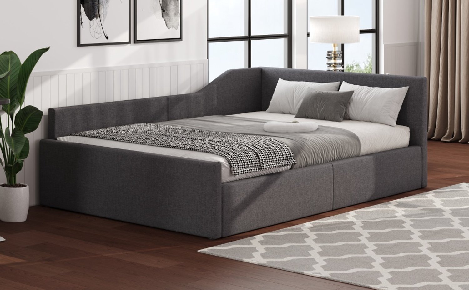 MUVANO Gestoffeerd dagbed 140x200 - Grijs dagbed met opbergruimte - Linnen bekleding - Rugleuning en armleuningen - 200 kg draagvermogen voor slaapkamer