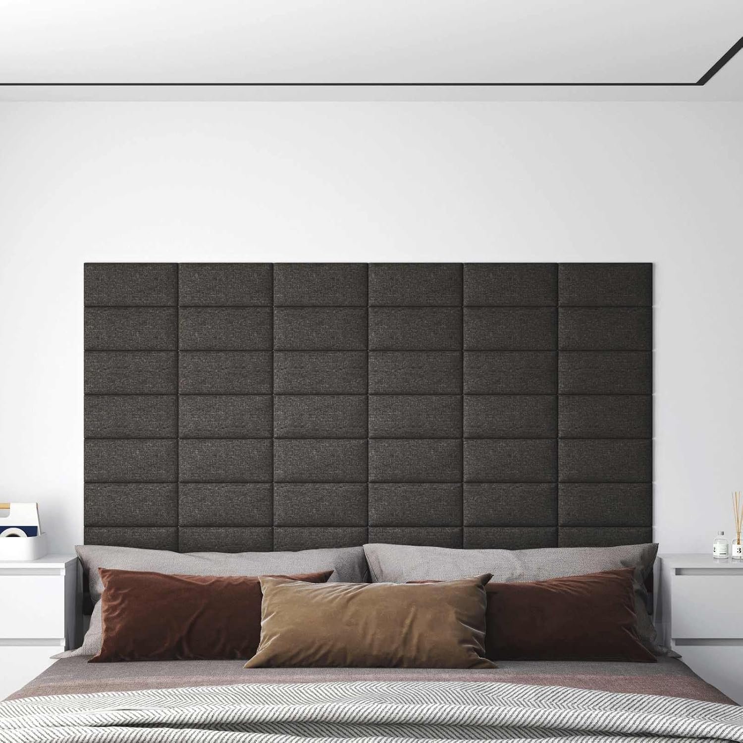 Set van 12 wandhoofdeinden, donkergrijs, 30 x 15 cm, gevoerde wandpanelen voor slaapkamer, modern hoofdeinde, wandbekleding