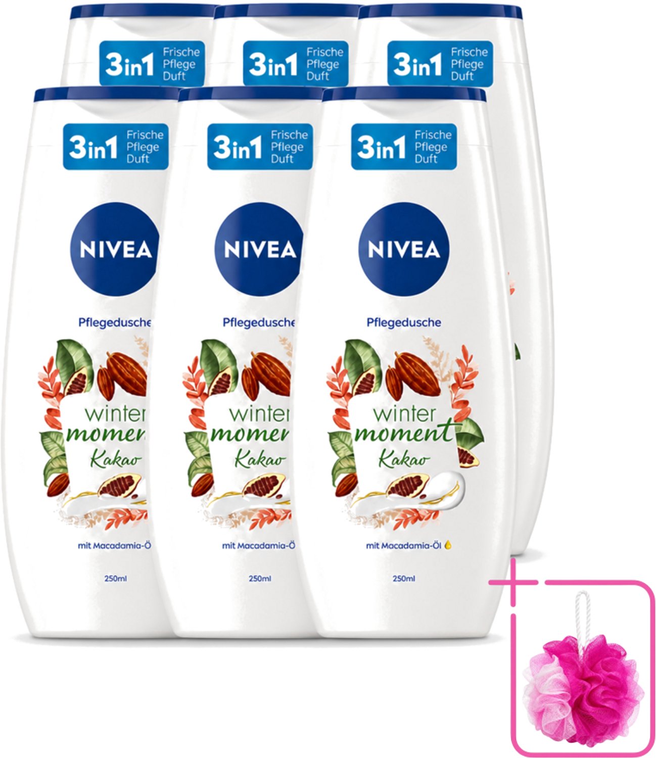 6 x Nivea - Douchegel - Winter Moment Cacao - 250 ml - Bulkverpakking - Douchegel winter - Douchemop - Verzorgende douchegel