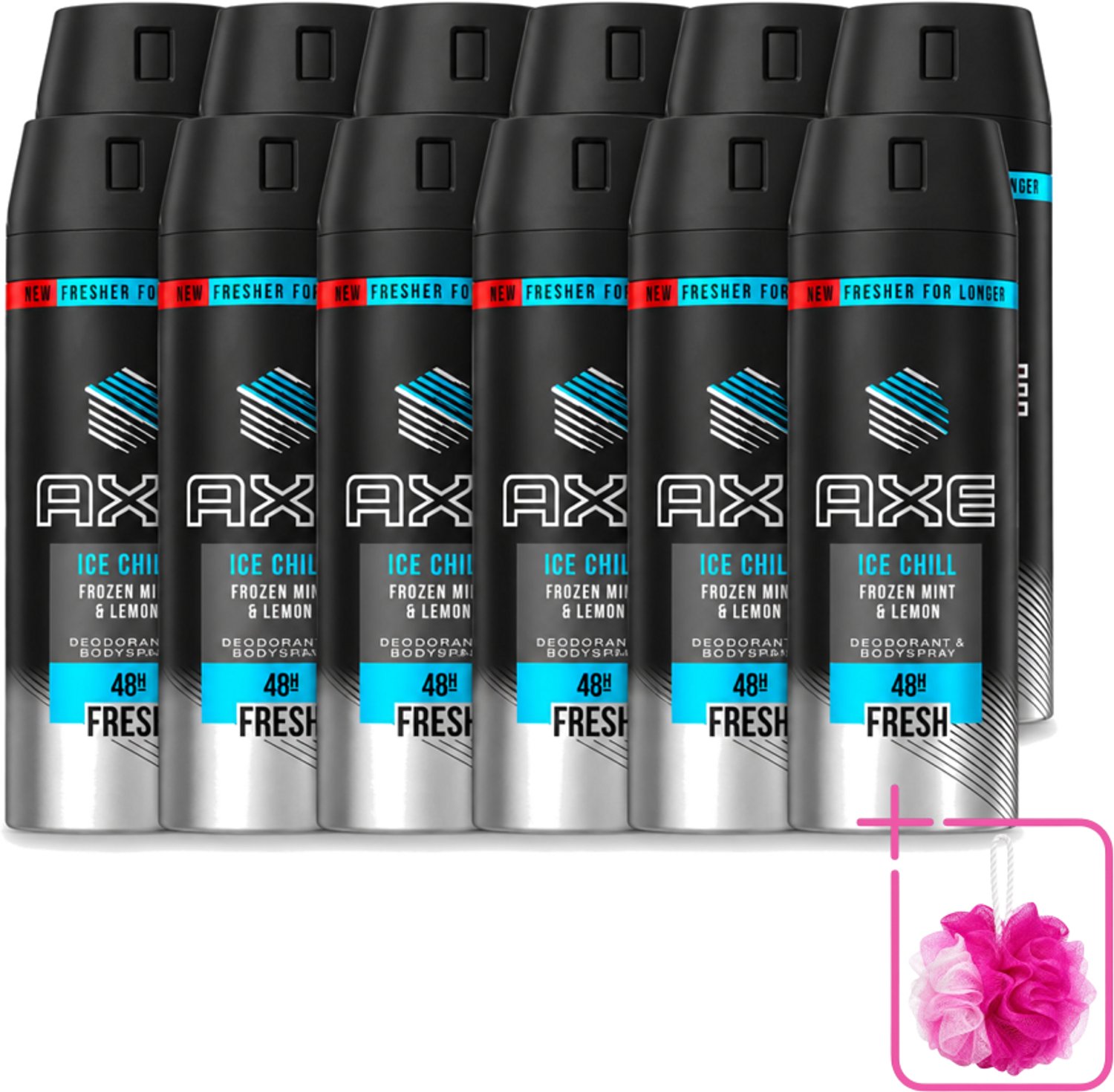 12 x Axe - Deodorant Bodyspray - 48hrs Fresh - Ice Chill - Frozen Mint & Lemon - 150 ml - Bulkverpakking - Bevroren munt - Douchemop - Citroen