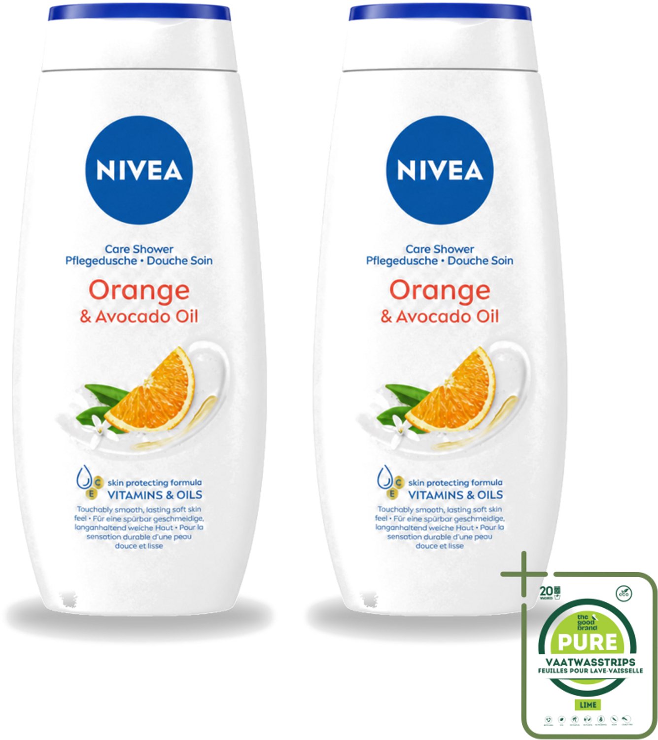 2 x Nivea - Douchegel - Orange - Voelbaar Gladde Huid - 250 ml - Grootverpakking - Vaatwasstrips - Douchegel - Huid Verzorgen - Bamboemelk - Sinaasappelgeur - Voedende Douchegel