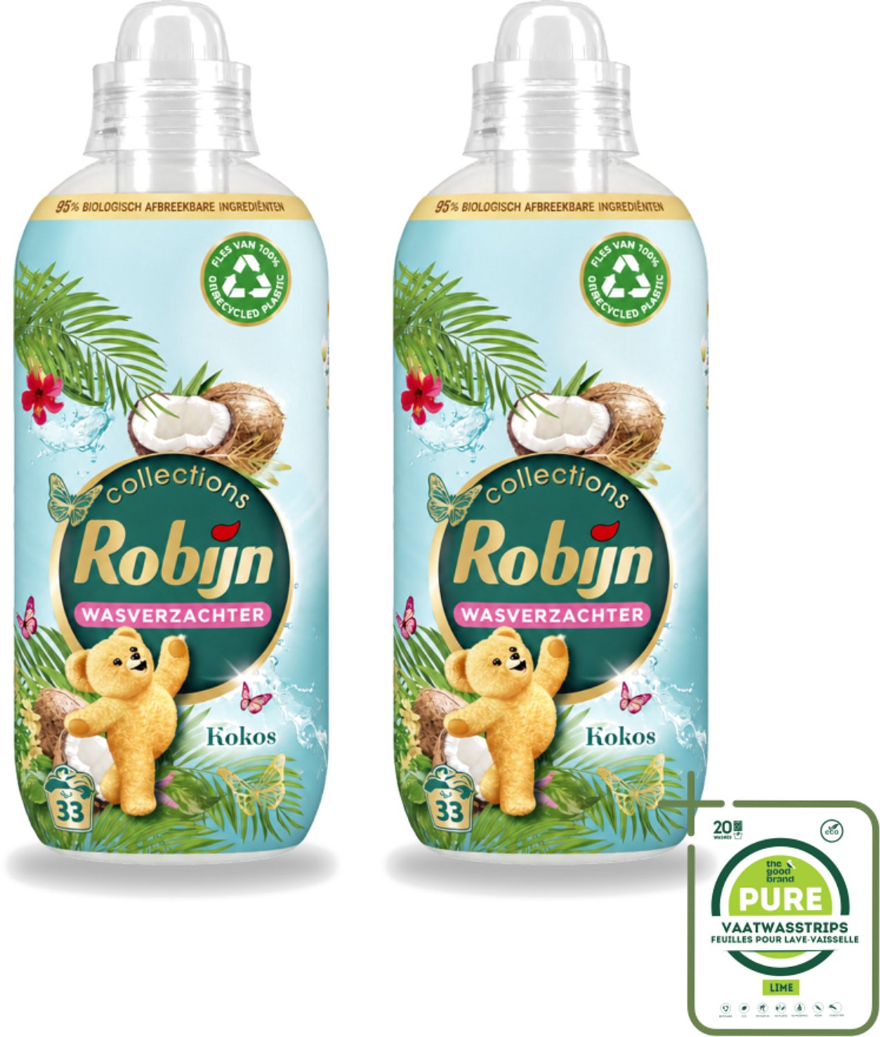 2 x Robijn - Kokos Sensation - Wasverzachter - Tropische Geur - 33 Wasbeurten - 825 ml - Grootverpakking - Vaatwasstrips - Wasverzachter - Kokosgeur - Wasroutine - Zachte Kleding - Tropisch Geur