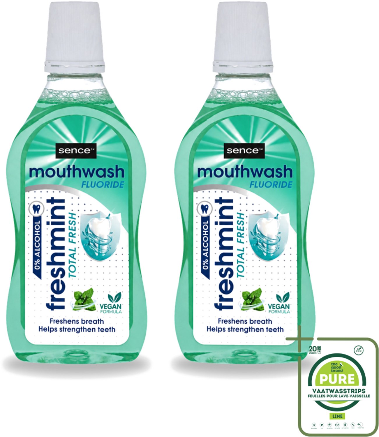 2 x Sence - Fresh Freshmint - Mondwater - Fris & Muntig - 500 ml - Grootverpakking - Vaatwasstrips - Mondwater - Mondverzorging - Frisse Adem - Tandplak - Mondgezondheid