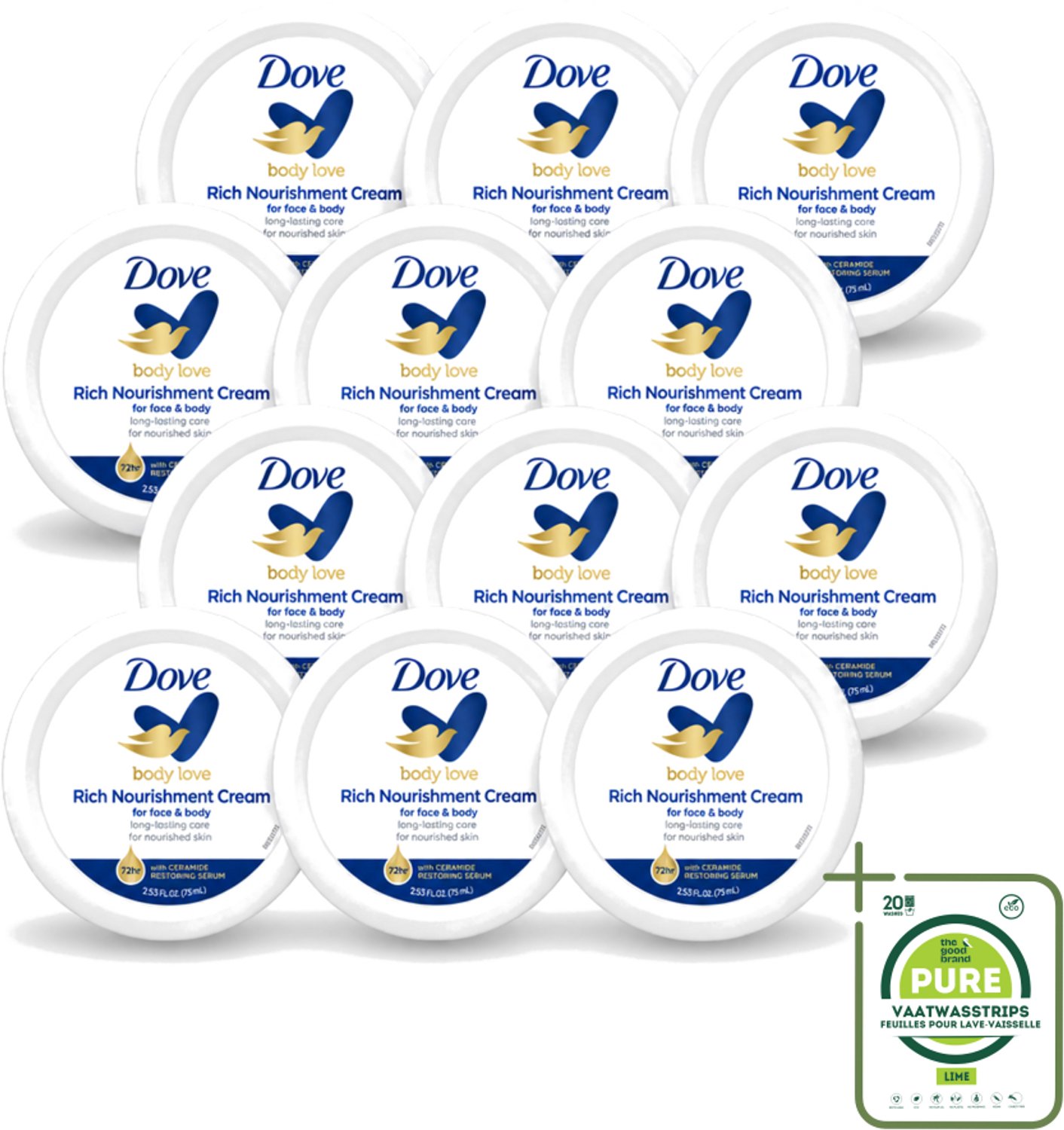 12 x Dove – Bodycrème – Rich Nourishment – 75 ml - Grootverpakking - Vaatwasstrips - Bodycrème - Hydratatie - Droge Huid - Voedende Crème - Huid Verzorging